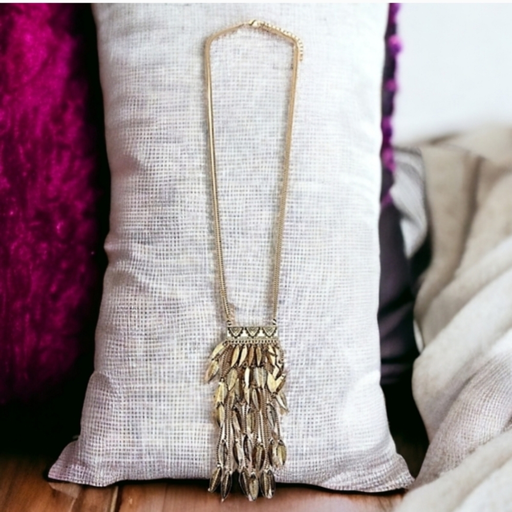 Gold Tone Long Leaf Boho Necklace - Picture 2 of 4